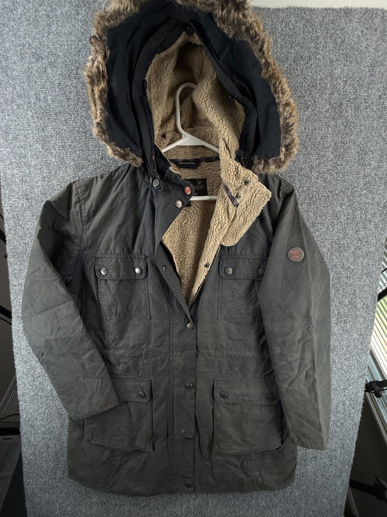 Barbour Carribena Wax Jacket Women Size 10 Usa Blue Fleece Lined Hooded Zip